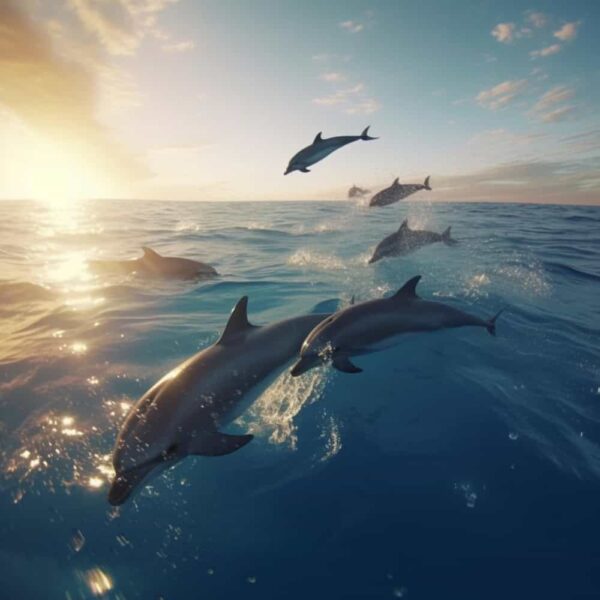 dolphins-swimming-ocean-sunset-with-sky-background-generative-ai dolphins swimming in ocean