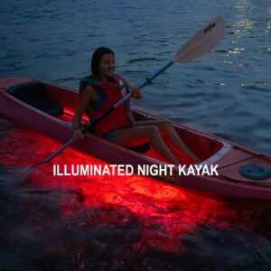 Guests paddling illuminated kayaks through calm tropical waters at night