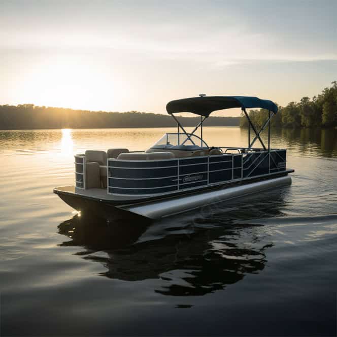 Pontoon boat docked at the marina before a rental excursion